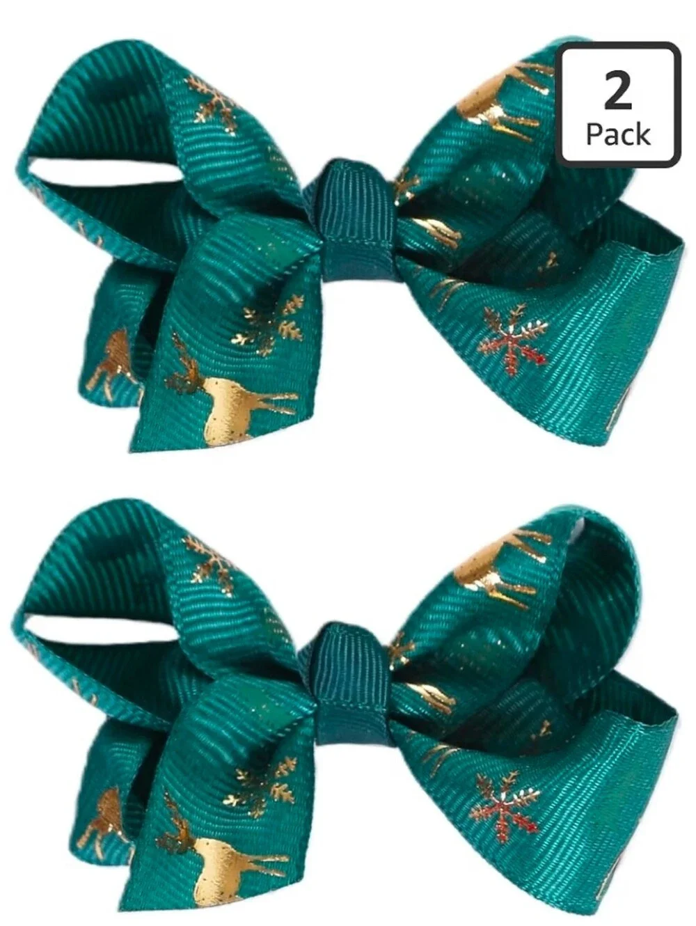 Girls Christmas Hair Bows Set of 2 Green Gold Reindeer 3